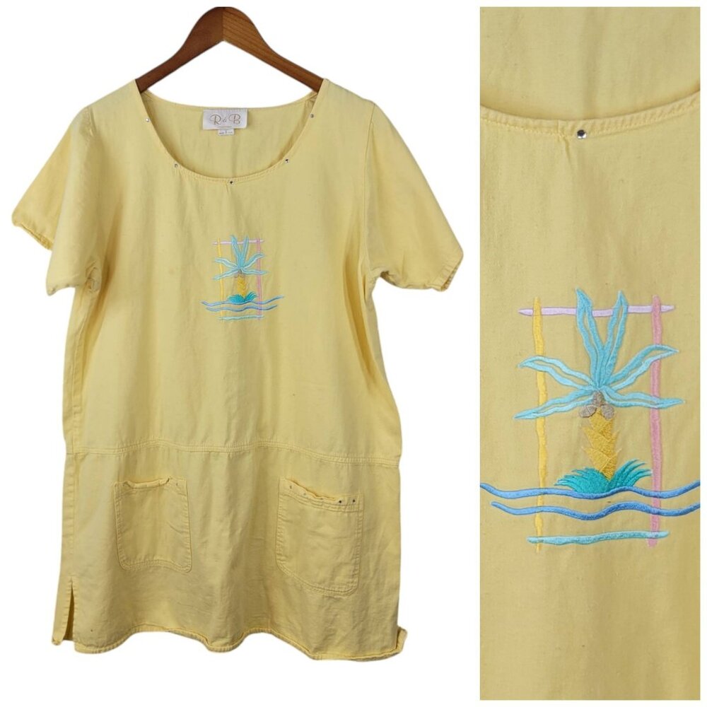 Vintage Palm Tree Beach Shirt Dress Swim cover up Large Yellow Pockets